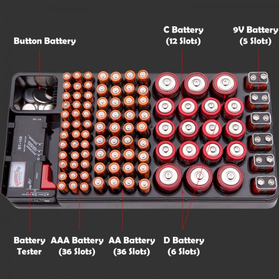 Battery Storage Organizer Box With Battery Tester For AA, AAA, C, D, 9V and Button Batteries