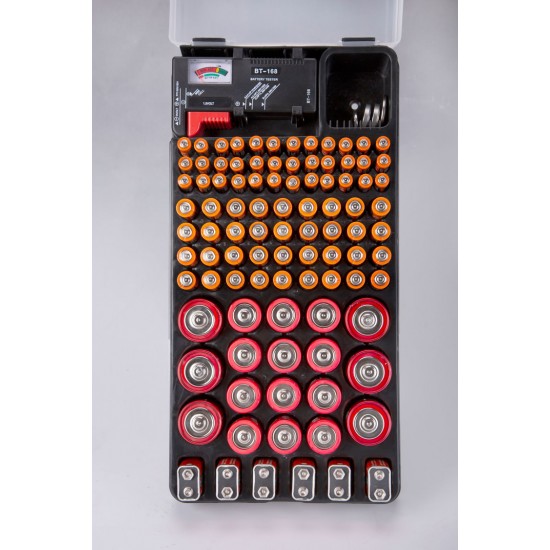 Battery Storage Organizer Box With Battery Tester For AA, AAA, C, D, 9V and Button Batteries